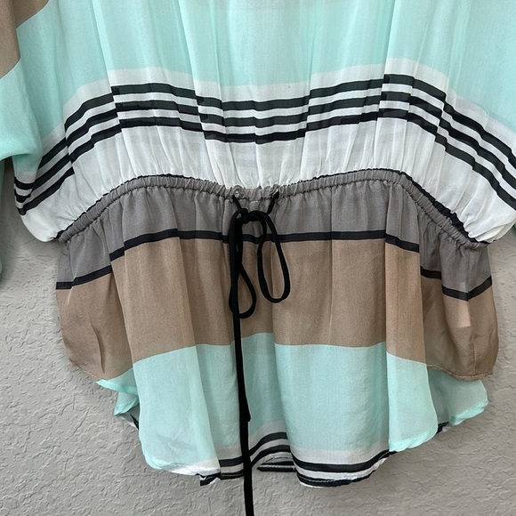 Karen Kane 100% Silk Mint Khaki Black Multi Striped Tie Waist Kimono Top Size M - Picture 3 of 11